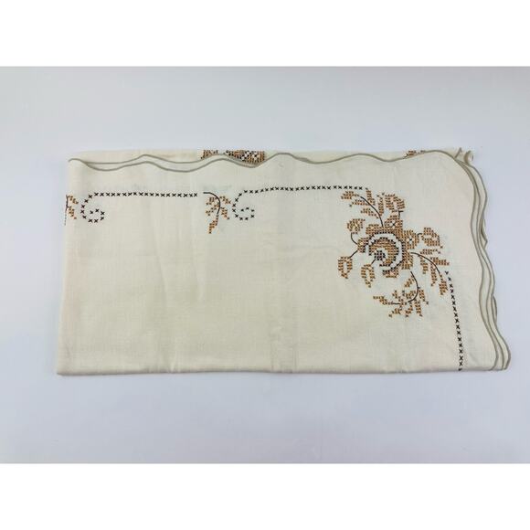 VTG Tablecloth Hand Embroidered CROSS STITCH Cream Brown Floral Neutral Taupe Es - Picture 14 of 16